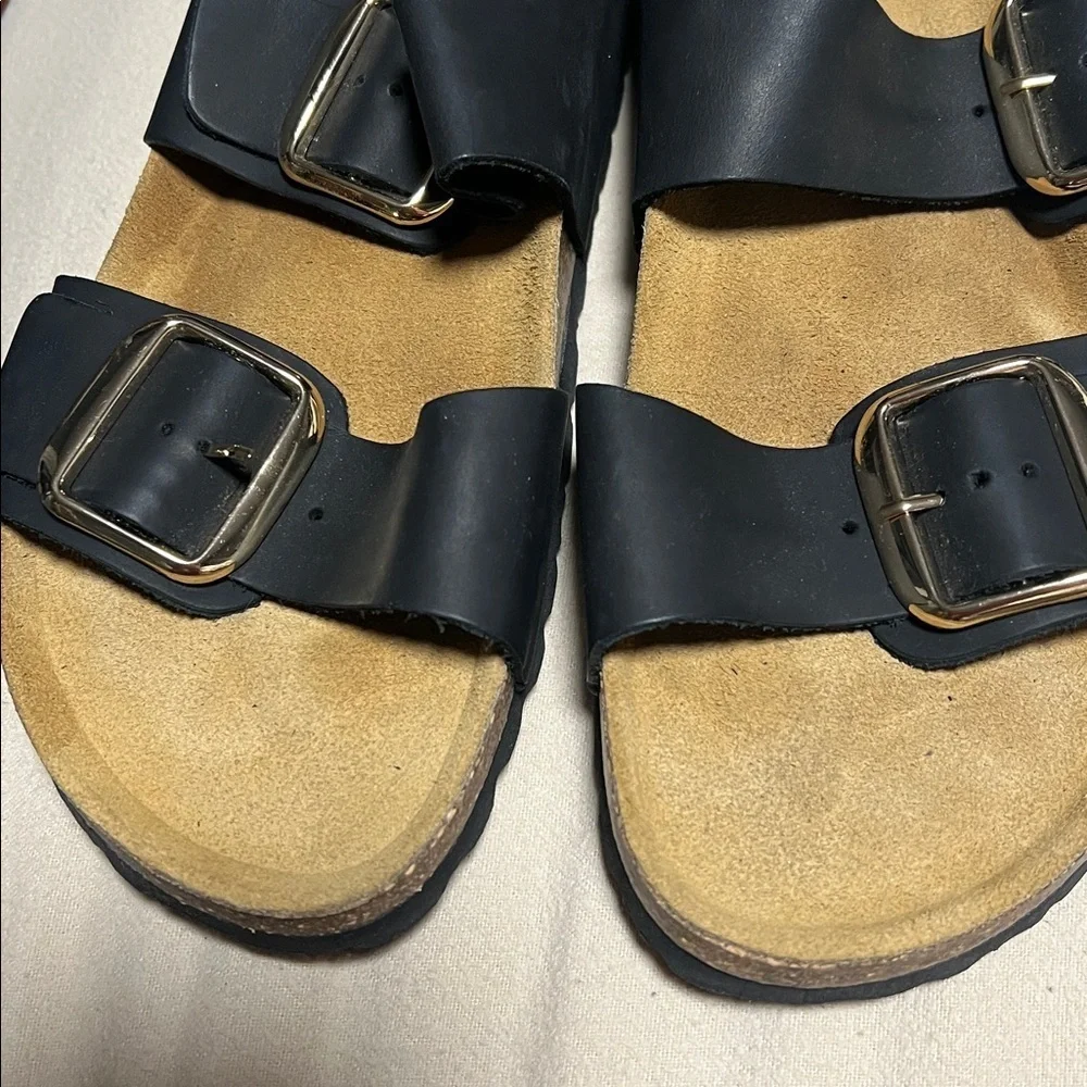 Natura women’s Black Sandals with Gold Buckles NEW